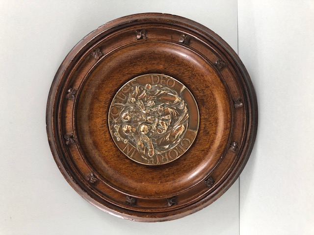 Bromsgrove Plaque, relief moulded, depicting the Nativity, mounted in wooden frame, approx 23cm in