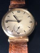 Jaeger-LeCouture 9ct Gold wristwatch with subsidiary dial at 6pm on leather strap (Strap A/F)