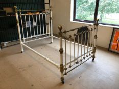 Antique Victorian metal bed frame with brass detailing and white painted metal work, approx 137cm