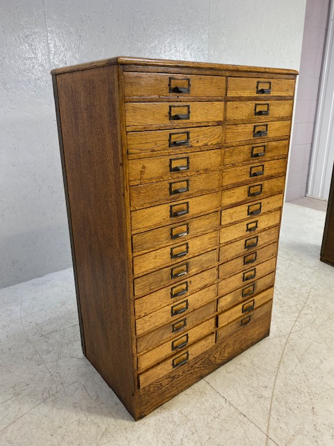 Light oak specimen cabinet with two flights of 14 narrow drawers with metal cup handles with - Image 3 of 15