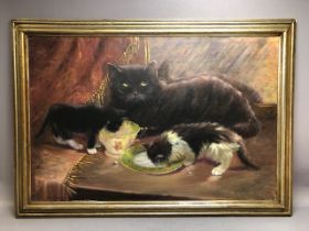 IRIS COLLETT (British, b. 1938) Oil on board of a cat with two kittens 'Tea for Two', inscribed