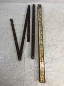 Decorators interest, vintage wooden telescopic painted box section measuring stick and 2 mahogany