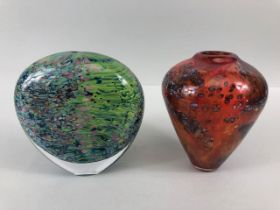 studio Art glass, two studio vases, one flat heart shape with mixed intense colours other amphora