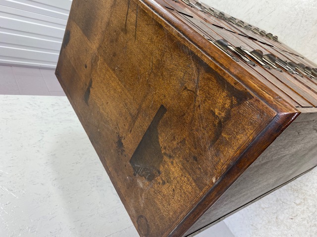 Dark stained oak specimen cabinet with two flights of 14 narrow drawers with metal cup handles - Image 6 of 13