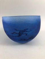 Studio art glass, opaque glass bowl with varying shades of blue swirl and dancing lizards in