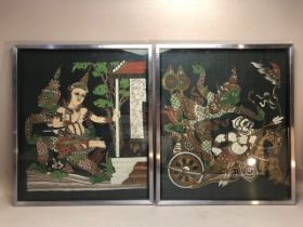 Decorators interest , two oriental Thai Paintings on silk in silver metallic frames depicting