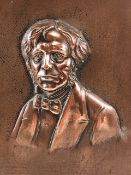 Copper plaque depicting John Ruskin, relief moulded, approx 26cm x 22cm