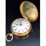 18ct Gold Full Hunter Pocket watch with white unmarked dial and gold dust cover. Hallmarked for