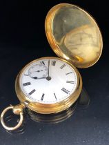 18ct Gold Full Hunter Pocket watch with white unmarked dial and gold dust cover. Hallmarked for