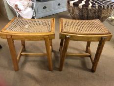 Pair of light wood stools with cane latticework seats, each approx 41cm x 33cm x 45cm tall