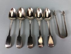 Six Similar Silver Georgian hallmarked spoons and a pair of silver hallmarked sugar nips (6) total