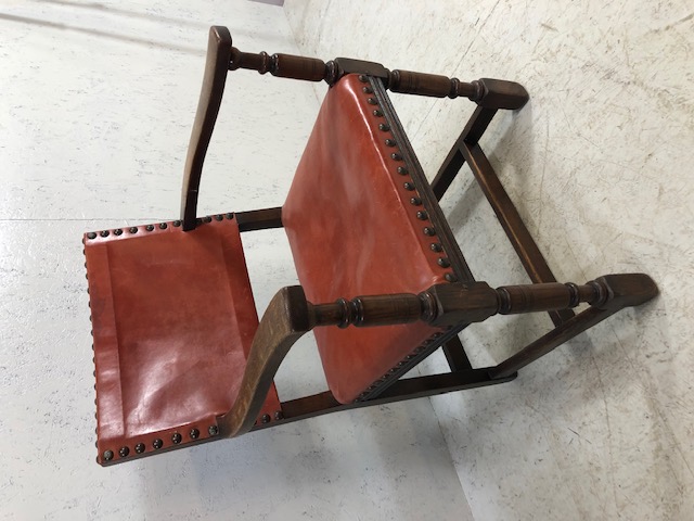 Antique red leather studded elbow chair on turned front legs with cross stretchers - Image 2 of 5