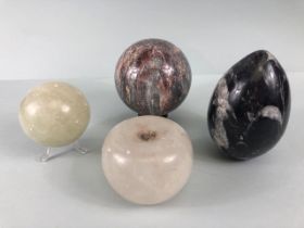 Crystal / Geology interest, Four polished stone specimens one as a large Sphere, a large polished