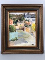 PRUE SAPP (British, 1928-2013) oil on board of a street scene, signed lower right, approx 26cm x