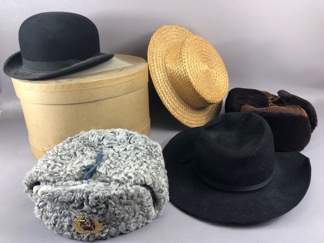 Vintage Clothes, collection of vintage hats being a straw boater by Ridgemont, Gentleman's bowler