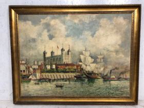20th Century, British School, large oil on board of the Tower of London circa 1850, signed T Pitt