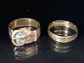 9ct gold rings, 2 rings one being a buckle ring size P the other a flat rope ring size m