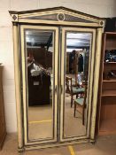 Neo-classical armoire with cream and grey painted finish, with two mirrored doors, approx 135cm x