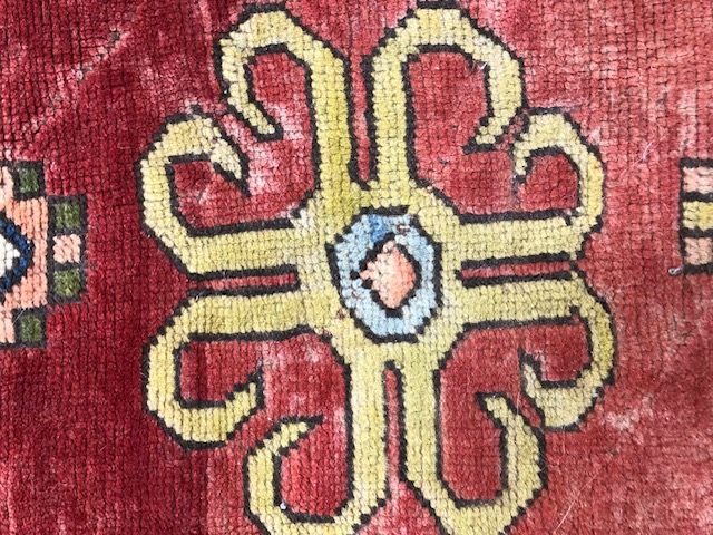 Oriental Rug, Konya wool rug with typical geometric patterns on red back ground with blue border - Image 5 of 7