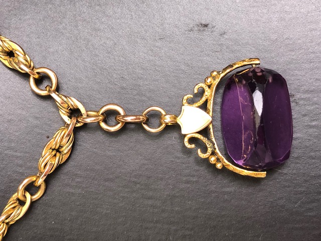 9ct Gold Double Albert chain with Large Amethyst (24mm x 17mm) spinning fob in gold mount with blank - Image 5 of 14
