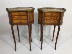 Antique / Vintage Furniture, pair of Kidney shaped 3 drawer bed side tables with marquetery inlay on