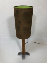 Contemporary table lamp on turned wooden and metal base with brown suede lamp shade approx 78cm tall