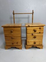Pair of three drawer pine bedside cabinets and a pine towel rail