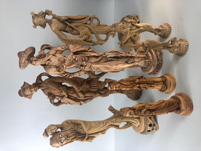 Vintage oriental statues, a collection of 60/70s imitation ivory resin oriental figures ranging in