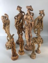 Vintage oriental statues, a collection of 60/70s imitation ivory resin oriental figures ranging in
