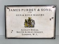 Enamel Advertising sign, 'James Purdey & Sons Ltd, Gun and Rifle Markers', approximately 39 x 26cm