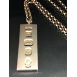 Silver hallmarked ingot on silver belcher chain approximately 41.29