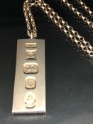 Silver hallmarked ingot on silver belcher chain approximately 41.29