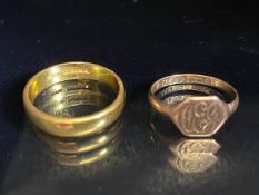 22ct Gold band size 'R' approx 5.6g and a 9ct signet ring size 'M' and 1.6g
