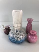 Studio Art Glass, a collection of Mdina splash marble glass to include white cylander vase, white