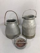 Two continental alloy milk churns one of which is conical form with lid both approximately 45cm