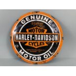 Enamel sign, Harley Davidson Motor Oil', circular, approximately 30cm in diameter