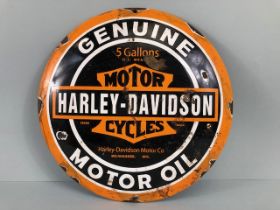 Enamel sign, Harley Davidson Motor Oil', circular, approximately 30cm in diameter