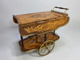 Early 20th century Italian marquetry walnut and satinwood drinks trolley, two-tier with drop