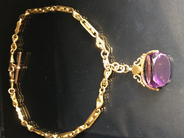 9ct Gold Double Albert chain with Large Amethyst (24mm x 17mm) spinning fob in gold mount with blank