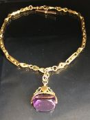 9ct Gold Double Albert chain with Large Amethyst (24mm x 17mm) spinning fob in gold mount with blank