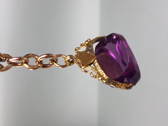 9ct Gold Double Albert chain with Large Amethyst (24mm x 17mm) spinning fob in gold mount with blank - Image 14 of 14