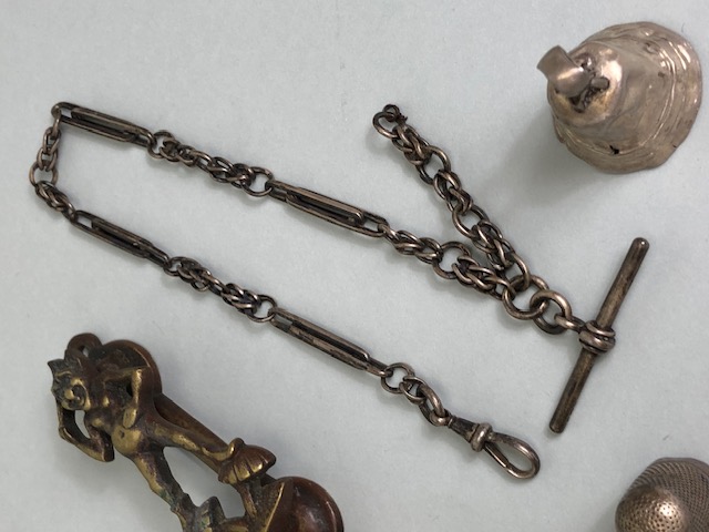 Collection of curios to include a silver hallmarked Albert and chain, railway interest whistles, - Image 7 of 9