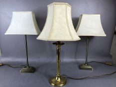 3 modern brass finish table lamps with shades A.F approximately 49cm high