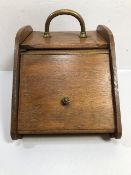 Antique blond Oak wooden coal scuttle, lifting front with brass fittings A.F