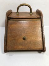 Antique blond Oak wooden coal scuttle, lifting front with brass fittings A.F