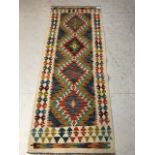 Oriental rug, Hand knotted wool Chobi Kilim runner with geometric pattern approx 190 x 73cm
