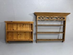 Pine furniture, 2 sets of vintage pine wall shelves. the larger of 3 shelves with pal-met top and