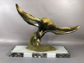 Art Decco mantel sculpture of a Gull swooping over waves, anodised and patinated metal on a marble