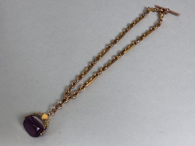 9ct Gold Double Albert chain with Large Amethyst (24mm x 17mm) spinning fob in gold mount with blank - Image 8 of 14