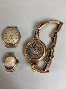 Three 9ct Gold cased watches one with a 9ct Gold expandable strap all A/F and total weight approx